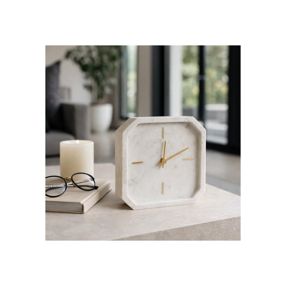 Octagon Marble Table Clock for Living Room and Office Decor - Small Decorative Desk Clock for Mantel, Shelf, Console, and Table - Home Time Display for Tabletop or Workspace - 8", White & Gold