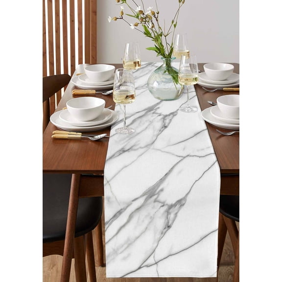 Modern Marble Texture Art Table Runner 13x36in Non-Slip Cotton Linen Table Runners, Nature Stone Artwork Grey Dresser Scarves TableRunner for Dinner Kitchen Dining Wedding Party