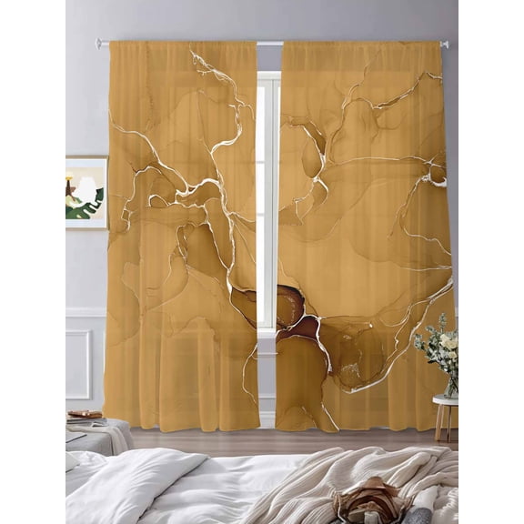 Modern Marble Texture Dark Yellow Chiffon Sheer Curtains 84 Inches Long Abstract Fluid Stripe Art Rod Pocket Window Curtains Voile Drapes Curtains for Living Room Bedroom,2 Panels