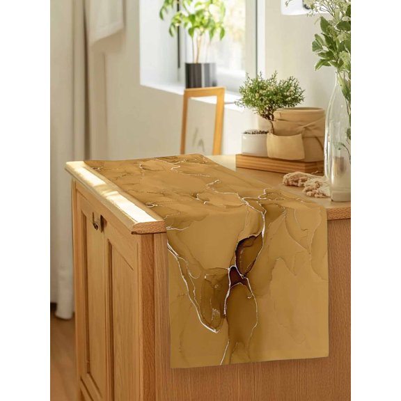 Modern Marble Texture Dark Yellow Table Runner 13x90in Non-Slip Cotton Linen Table Runners, Abstract Fluid Stripe Art Dresser Scarves TableRunner for Dinner Kitchen Dining Wedding Party
