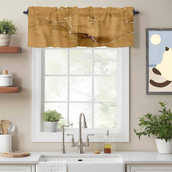 Modern Marble Texture Dark Yellow Valances for Windows,Kitchen Valance Rod Pocket Short Curtain, Abstract Fluid Stripe Art Valance Curtain Window Valances for Bedroom Bathroom Living Room 54x18in