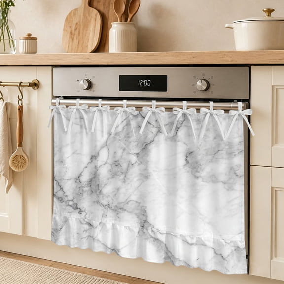Modern Marble Texture Oven Skirt Curtain Farmhouse Kitchen Decor 27x20in, Abstract White Gray Stripe Cabinet Curtain with 8 Tie Top,Waterproof Oil-Proof Dishwasher Stove Door Cover