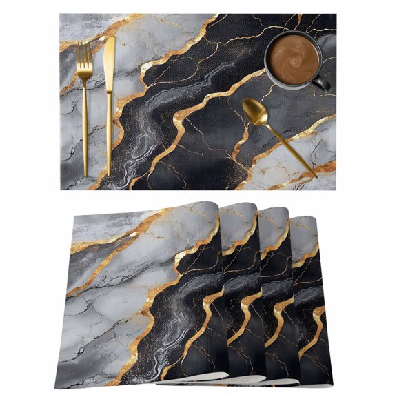 Modern Marble Texture Placemats Set of 6,Wipeable Washable Table Mats for Dining Tables, Black White Gold Stone Style Place Mats for Kitchen Event Party Tabletop Decor