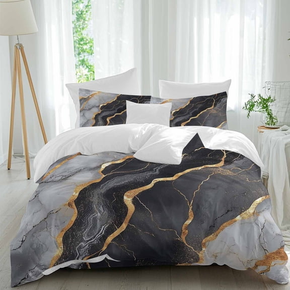 Modern Marble Texture Queen Size Bed Set,Black White Gold Stone Style Bedding for All Seasons,4 Pcs Bed Set,1 Quiltcover(90"x92"),1 Sheet(94"x116"),2 Pillowcases(30"x20")
