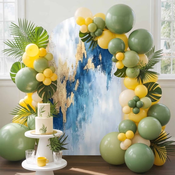 Modern Marble Texture T Arch Backdrop Cover, 4FT, Blue Gold Abstract Fusion Spandex Arch Covers Double-Sided Backdrop for Wedding Birthday Party Photo Background Decoration