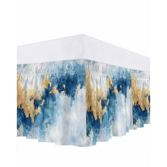 Modern Marble Texture T Bed Skirt King Size 16" Drop Blue Gold Abstract Fusion Ruffled Wrap Around Bed Skirts Adjustable Elastic Bedskirt Dust Ruffle for King Size Bed