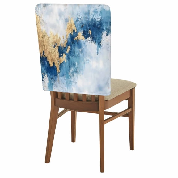 Modern Marble Texture T Chair Back Covers Set of 1, Blue Gold Abstract Fusion Stretch Dining Chair Back Slipcovers Removable Seat Cover for Kitchen Restaurant Hotel Cafe