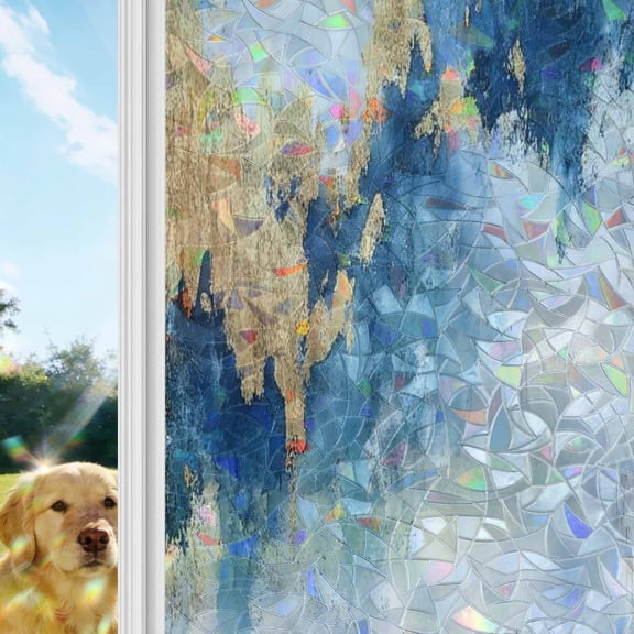 Modern Marble Texture T Rainbow Window Privacy Film, Blue Gold Abstract Fusion Stained Glass Window Film, Sun Blocking Glass Clings Static Cling Non Adhesive Door Stickers 29.5 x 118 Inches