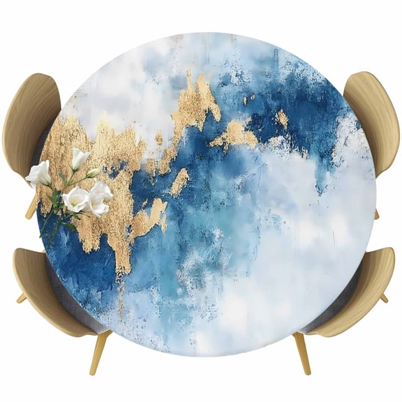 Modern Marble Texture T Round Fitted Table Cover Blue Gold Abstract Fusion Waterproof Table Cloth with Elastic Edge Wipeable Tablecloth for Picnic Camping Party Fits 36"-44" Diameter