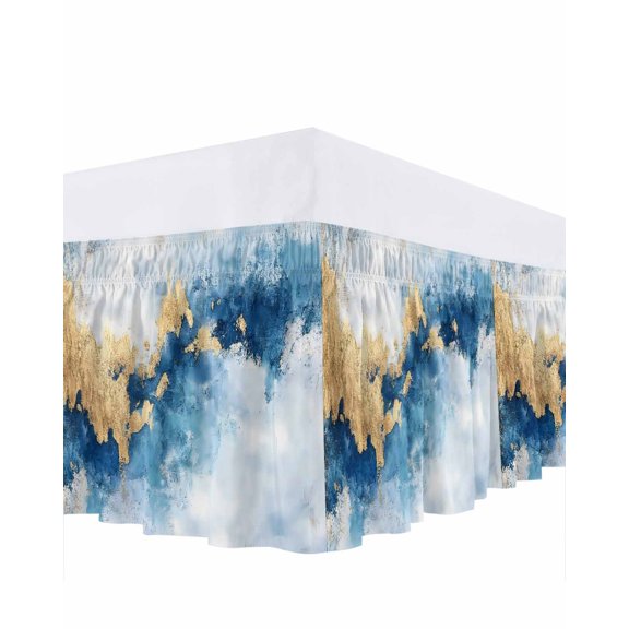 Modern Marble Texture T Ruffle Bed Skirt Queen Size Blue Gold Abstract Fusion Adjustable Elastic Dust Bed Skirts Wrap Around Bedskirt Wrinkle Free Easy Fit with 16 Inch Drop