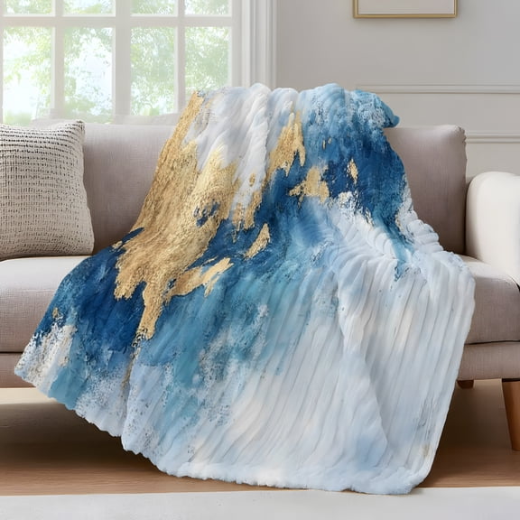 Modern Marble Texture T Throw Blanket for Couch Blue Gold Abstract Fusion Soft and Warm Flannel 3D Striped Fluffy Fuzzy Fleece Blanket Lightweight Throw for Bed, Sofa 30 x 40 Inches