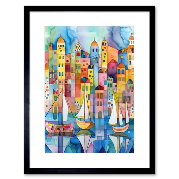 Modern Marina Colourful Cityscape Pattern Folk Art Watercolour Painting Artwork Framed Print Wall Art 9X7 Inch