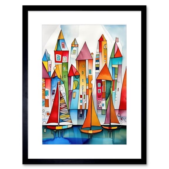 Modern Marina Colourful Port Folk Art Watercolour Painting Artwork Framed Print Wall Art 9X7 Inch