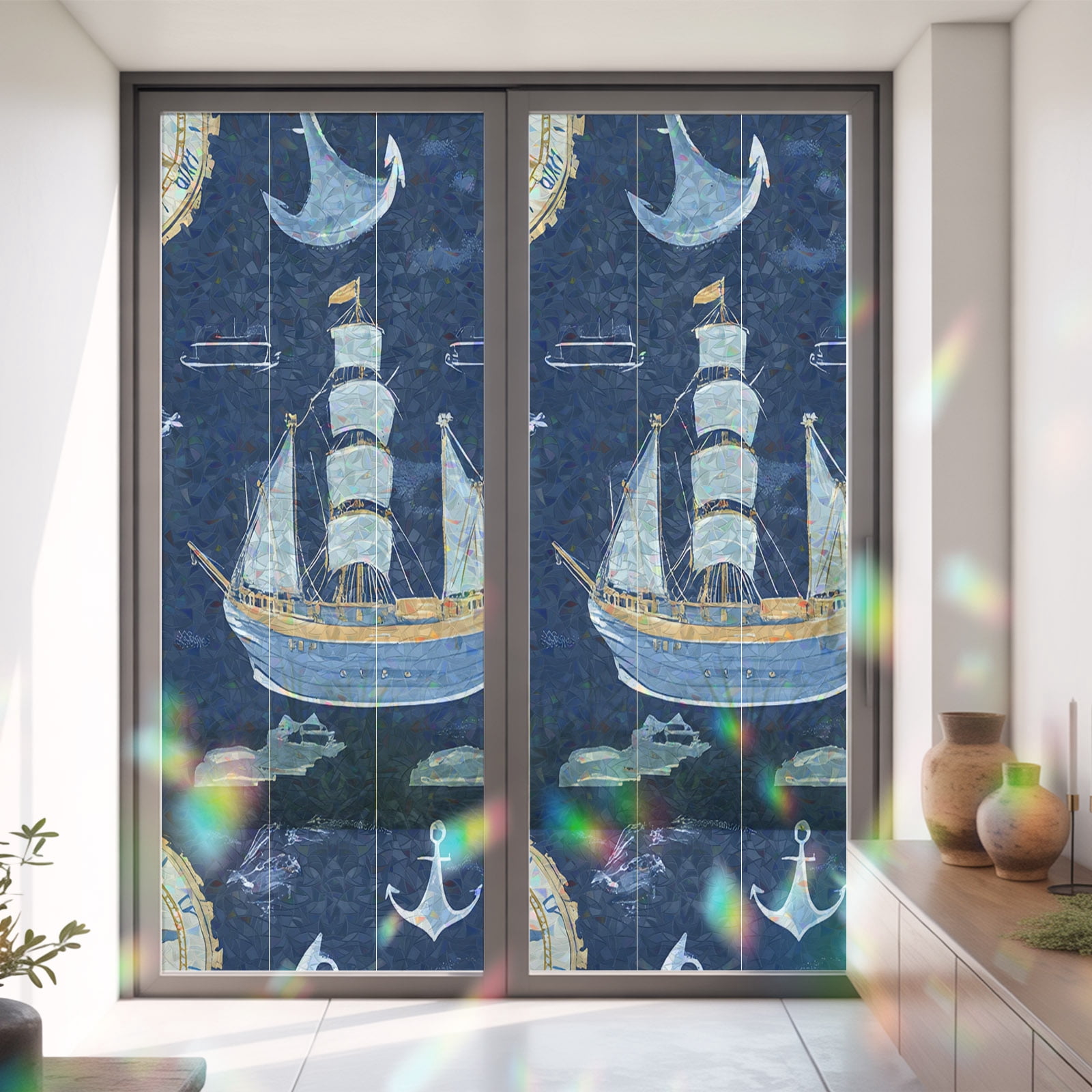 Modern Marine Sailing Boat Clock Window Privacy Film, Rainbow Film ...