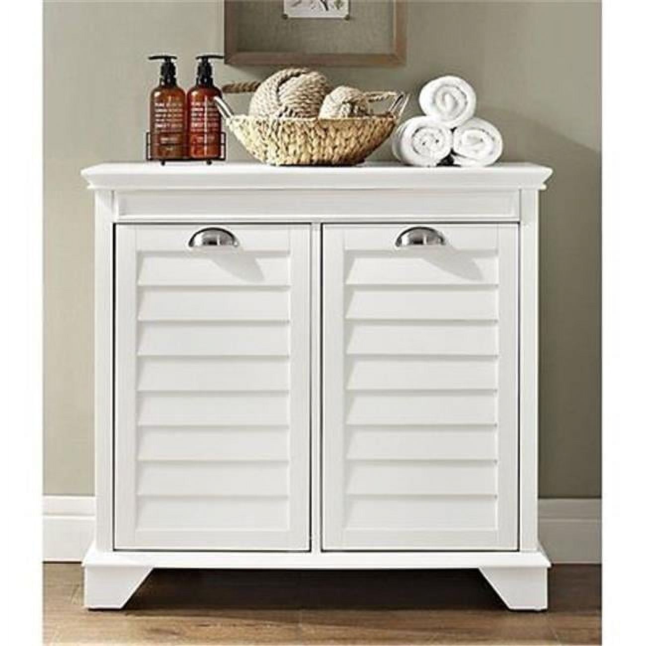 White MDF and Birch Veneer Dual Compartment Laundry Hamper