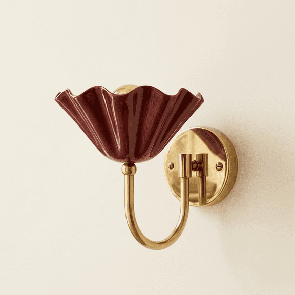 Modern Maroon and Polished Brass Wall Sconce - Vintage Scalloped Shade Wall Light Fixture, Hardwired U-Shaped Arm Wall Lamp for Bedroom, Bathroom Vanity, Hallway