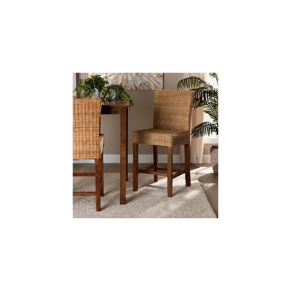 Modern Marvel 17.75"x19.25"x39" Bohemian Natural and Mahogany Wood Counter Stool with Angled Backrest and Ergonomic Footrests