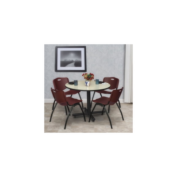 Modern Marvel Round Breakroom Table in Maple Finish with 4 Burgundy 'M' Stack Chairs Providing Sleek Design and Comfortable Seating for Offices