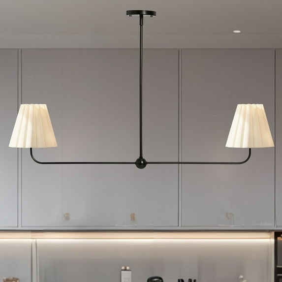 Elegant Linear Black 2-Light 45 Inch Chandelier, Cleanly Ruffled White Linen Shade Light, Ceiling Mounted Light over Kitchen Island, for Living Room, Dining Room