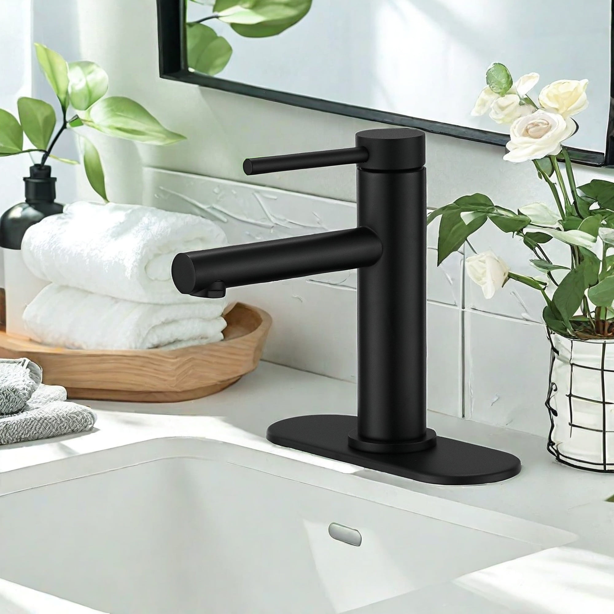 Modern Matte Black Bathroom Sink Faucet, Single Handle Faucet & Sink ...