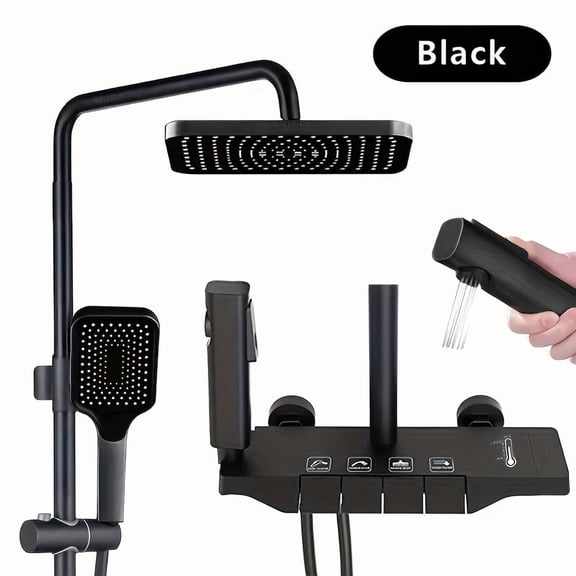 Modern Matte Black Wall-Mounted Rainfall Shower System with Integrated 4-in-1 Shower Head and Handheld Spray, Hot and Cold Waterfall Faucet for a Luxurious Bathroom Experience