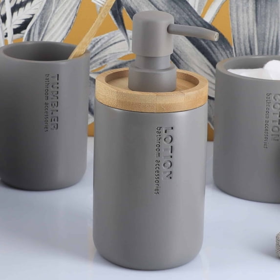 Modern Matte Gray Soap Dispenser with Natural Bamboo Accent - Polyresin Hand Lotion Pump, Contemporary Bathroom Accessory