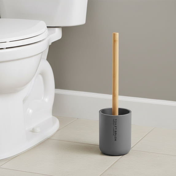 Modern Matte Gray Toilet Brush Set with Natural Bamboo Handle - Polyresin Bathroom Cleaning Accessory