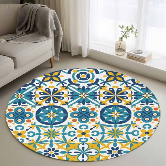 Modern Mediterranean 3ft Area Rug, Retro Moroccan Tiles Texture Vlue Yellow Washable Non-Slip Small Round Rugs for Entryway Bedroom Kitchen, Soft Circle Carpet for Dining Room, Playroom Nursery Rug