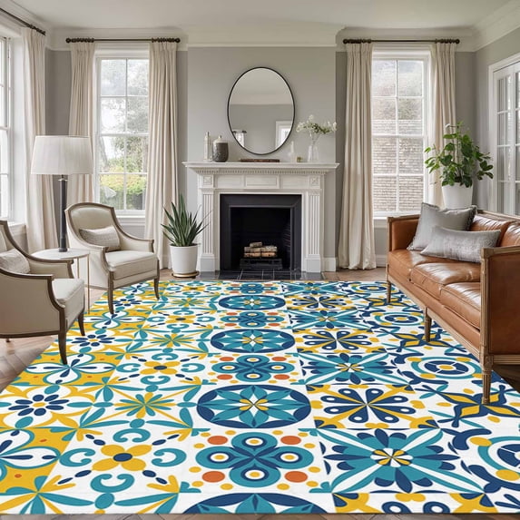 Modern Mediterranean Area Rugs 5'x7', Small Throw Rugs for Laundry Room Playroom, Retro Moroccan Tiles Texture Vlue Yellow Indoor Outdoor Rug Non-Slip Low Pile Carpet Runner Reversible Floor Mats