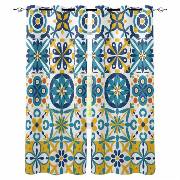Modern Mediterranean Blackout Curtains for Bedroom, Retro Moroccan Tiles Texture Vlue Yellow Thermal Insulated Kitchen Drapes with Grommets, Light Blocking Window Treatment, 2 Panels 52" x 72"
