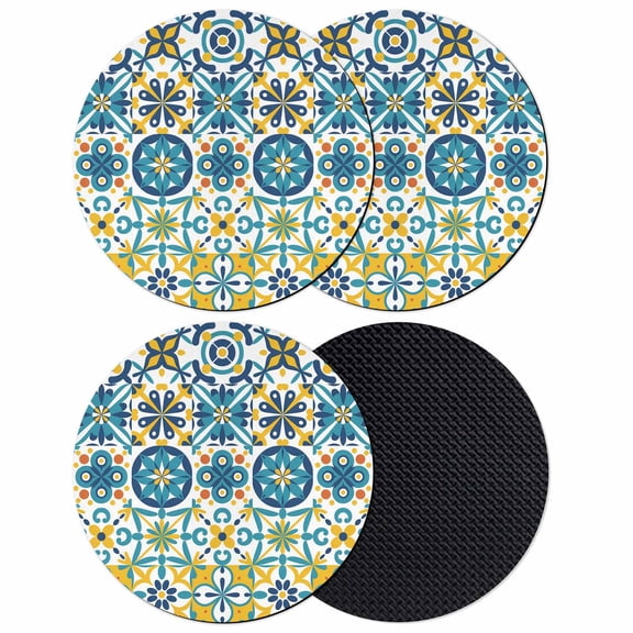 Modern Mediterranean Coasters Set of 4, Absorbent Coasters for Drinks, Retro Moroccan Tiles Texture Vlue Yellow Coaster for Desk Coffee Table Protection, Home Decor House Warming Gifts 4"