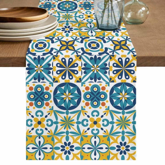 Modern Mediterranean Cotton Linen Table Runner for Dining Kitchen, Retro Moroccan Tiles Texture Vlue Yellow Wedding Outdoor Party Tablerunners, Dresser Scarf Coffee Tablecloth Runners 13x36 Inches