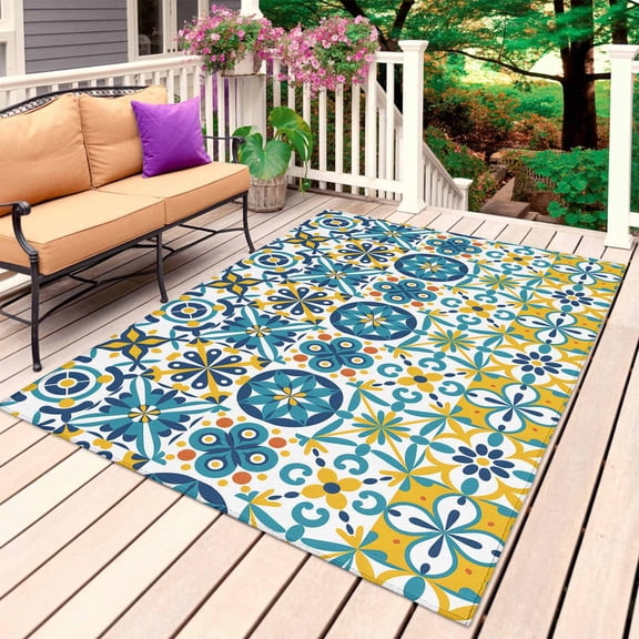 Modern Mediterranean Outdoor Rug 3x5 Ft, Non Slip Washable Area Rug, Retro Moroccan Tiles Texture Vlue Yellow Patio Rugs Carpet Runner, Large Floor Mat for Indoor/Outdoor Deck Porch Camping