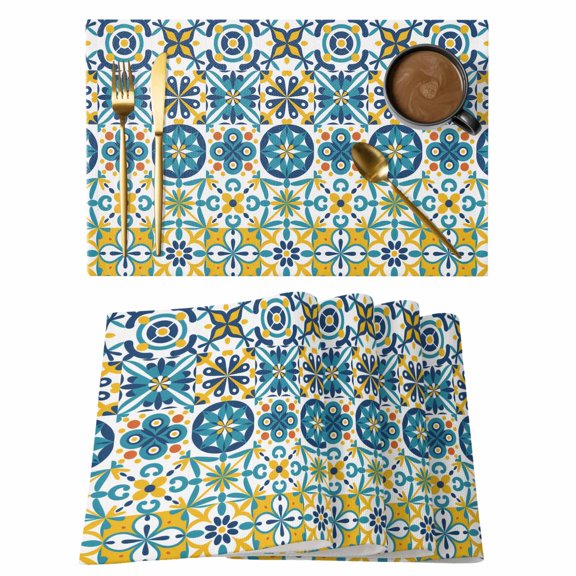 Modern Mediterranean Placemats Set of 4, Retro Moroccan Tiles Texture Vlue Yellow Placemats for Dining Table, Place Mats for Kitchen Tabletop, Waterproof Wipeable Dining Table Mats Set