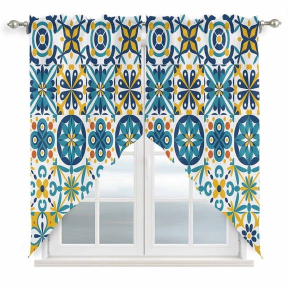 Modern Mediterranean Swag Valances for Windows, Kitchen Curtains 36 Inch Length 2 Panels Set, Retro Moroccan Tiles Texture Vlue Yellow Short Curtains for Small Windows Cafe Curtains 28"x36"