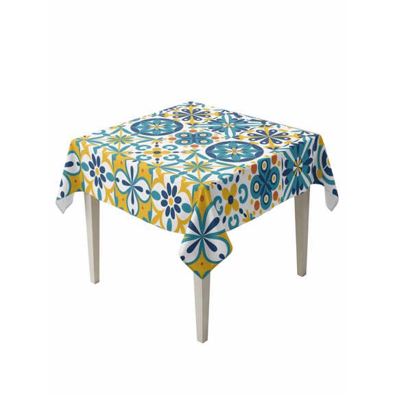 Modern Mediterranean Table Cloth, Waterproof Tablecloth for Square Tables, Retro Moroccan Tiles Texture Vlue Yellow Reusable Washable Fabric Table Cover for Restaurant Kitchen Dining Tables 60"x60"