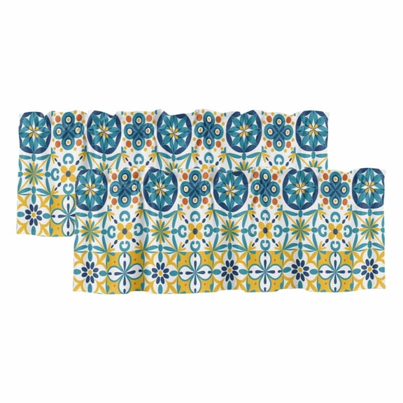 Modern Mediterranean Valances for Windows, Retro Moroccan Tiles Texture Vlue Yellow Light Filtering Kitchen Curtains, Rod Pocket Window Valance Curtains for Living Room Bedroom, 54" Wx18" L, 2 Panels