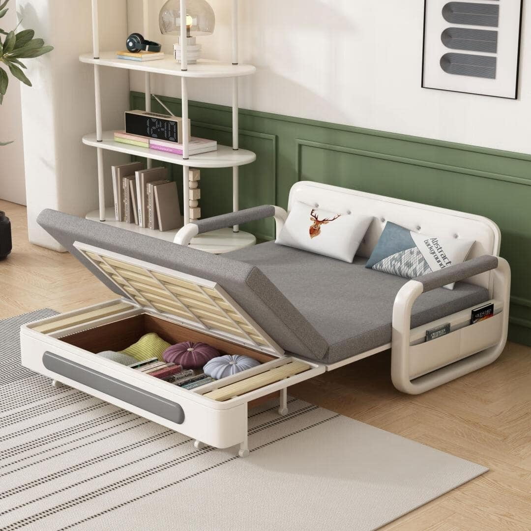 Gray Fabric Convertible Sleeper Sofa with Storage and Armrest Pockets
