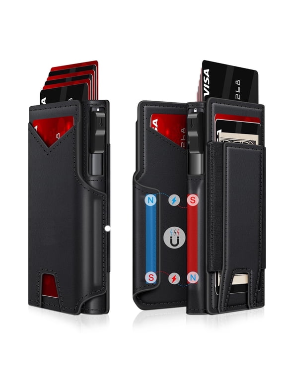 Modern Men's Slim Leather Wallet Ultra-Thin RFID Blocking Bifold with POP UP Card Slot & Magnetic Money Clip Black Wallet Front Pocket Design Holds 12+ Cards & Cash Gift for Dad/Husband