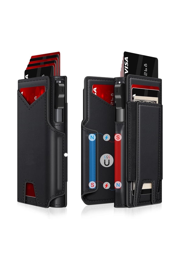 Modern Men's Slim Leather Wallet Ultra-Thin RFID Blocking Bifold with POP UP Card Slot & Magnetic Money Clip Black Wallet Front Pocket Design Holds 12+ Cards & Cash Gift for Dad/Husband