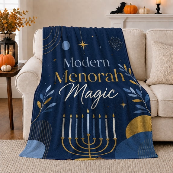 Modern Menorah With Geometric Accents Print Cozy Flannel Blanket with a Modern Geometric Typography Motif, Appreciation Gift for Hanukkah Celebrants and Living Room and Bedroom Home Decor