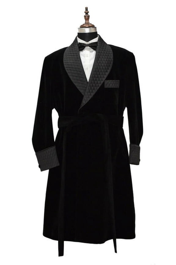 Modern Mens Quilted Long Black Velvet Dressing Gown – Luxurious Leisure Coat
