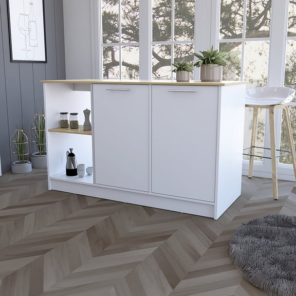 Modern Mercury Kitchen Island With Copious Countertop Surface, Double Door Storages & Open Shelving - Fixture Island: Plentiful Shelving, 2 Storage Element
