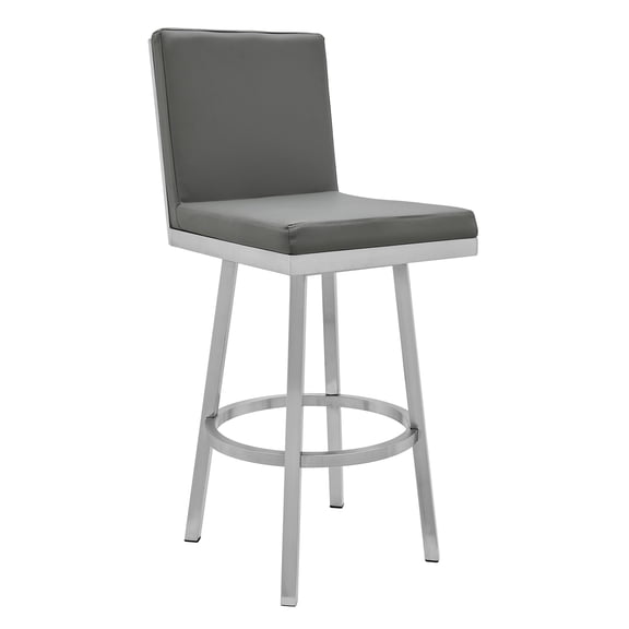Modern Metal Bar Stool - Swivel Gray Faux Leather Counter Height Stool