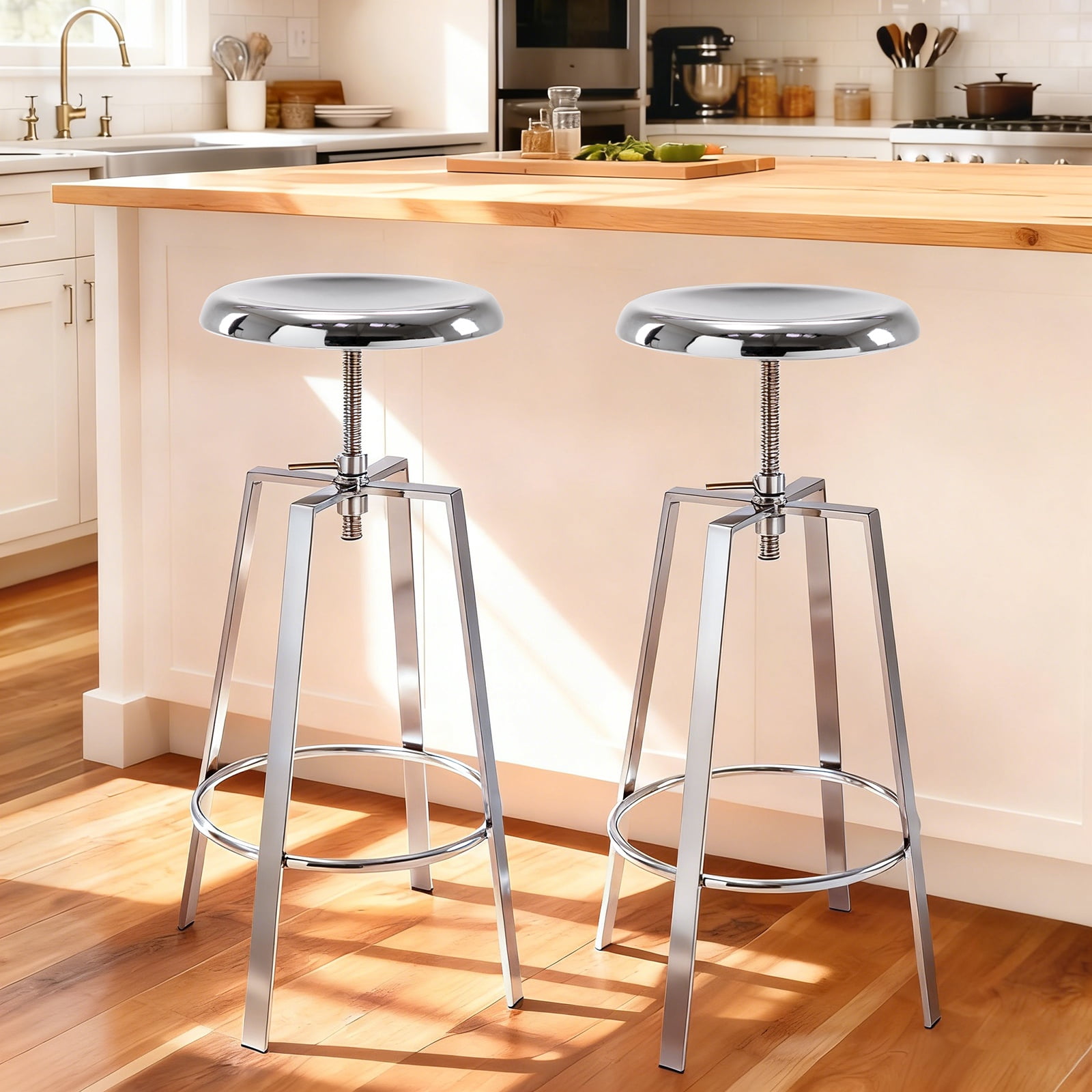 Modern Metal Bar Stools Set of 2, Backless Round Counter Height Swivel Bar Stools for Kitchen Island Dining Pub Cafe (Chrome)
