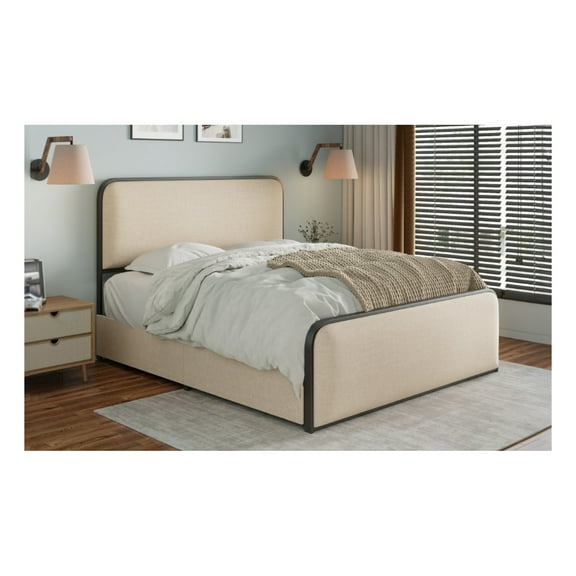 Modern Metal Bed, Curved Upholstered Headboard & Footboard, Queen, Beige, 4 Drawers