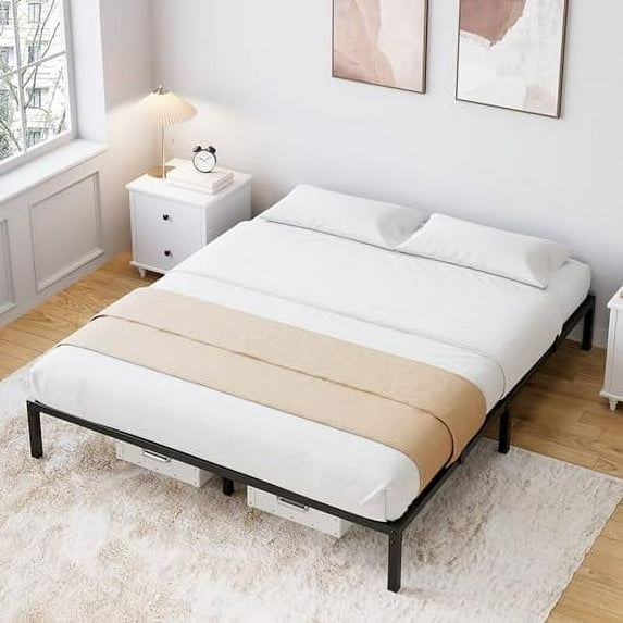 Modern Metal Bed Frame No Box Spring Needed/Reinforced Steel Structure withMetal Slats/Easy to Assemble/Under 12.8inch Storege Space/Anti Mattress Sliding/Noise Free
