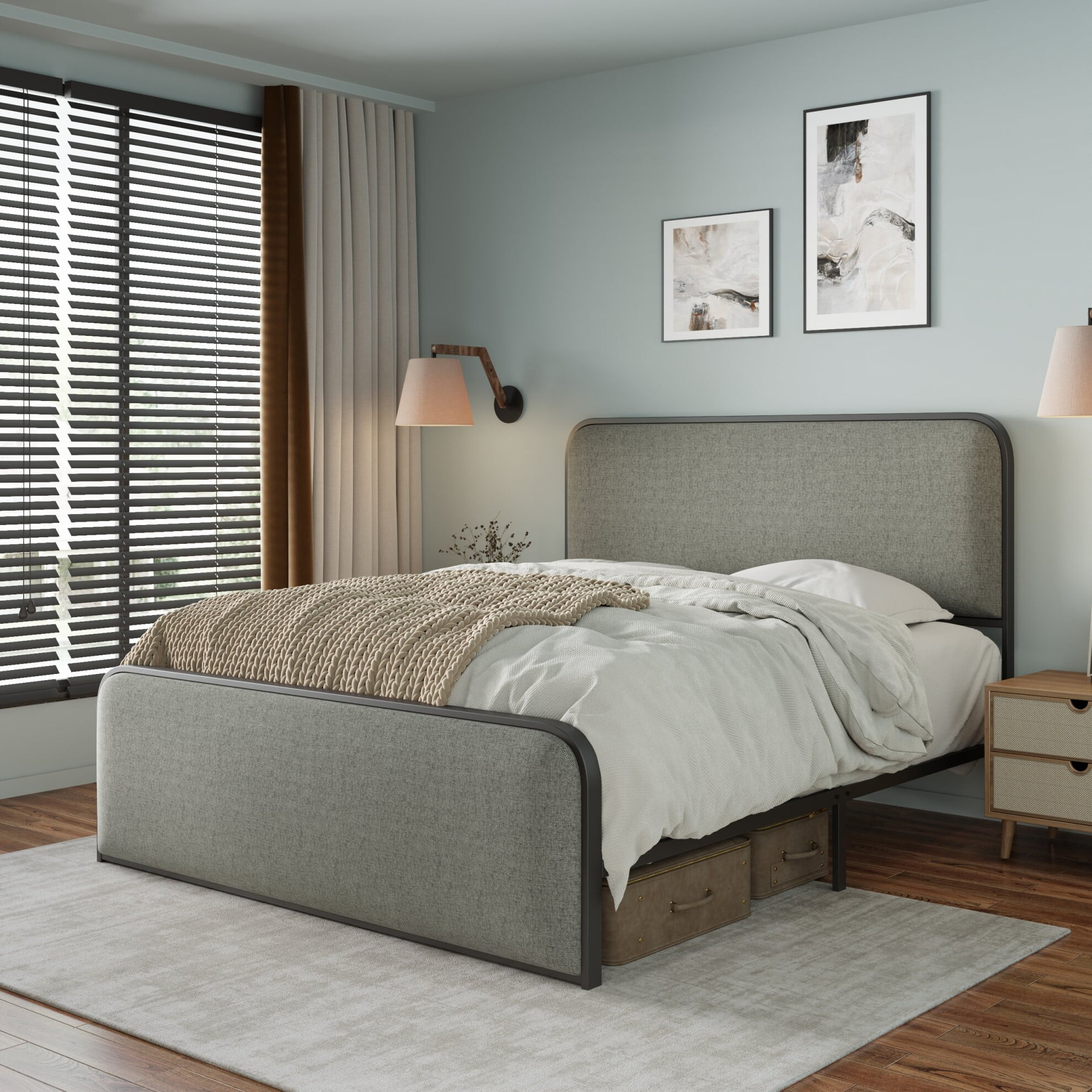Modern Metal Bed Frame with Curved Upholstered Headboard and Footboard ...