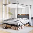 thumbnail image 1 of Modern Metal Canopy Bed Frame with Linen Storage Headboard, USB Ports and Outlets, Noise Free Design, Strong Support, Easy Assembly, No Box Spring Needed, 1 of 8