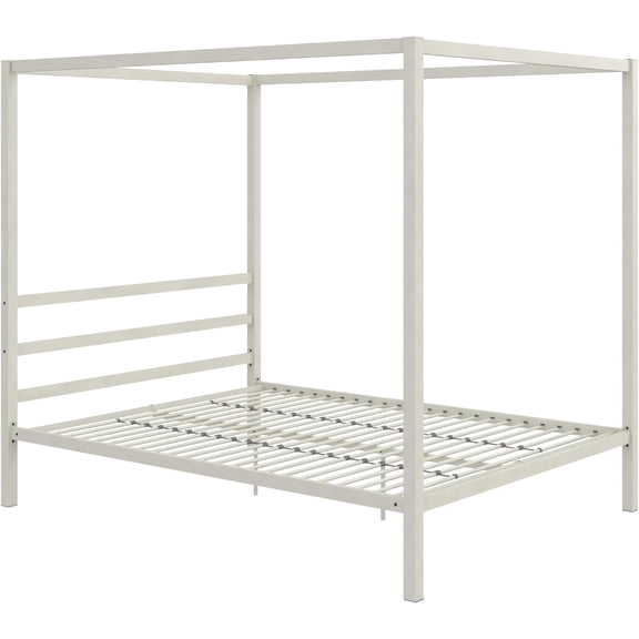 Modern Metal Canopy Platform Bed with Minimalist Headboard and Four Poster Design, Underbed Storage Space, No Box Spring Needed, Queen, White